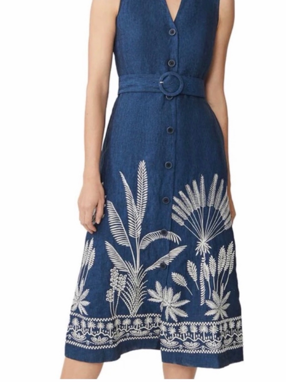 J. McLaughlin Navy Blue Sleeveless Midi Dress with White Botanical Embroidery